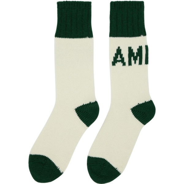  AMI Paris 오프화이트 Off-White & Green Logo Socks 232482M220017