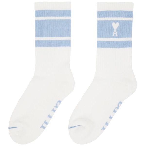  Ami Paris White & Blue Ami de Coeur Striped Socks 231482F076003