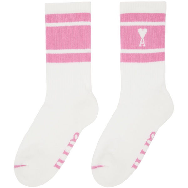  Ami Paris White & Pink Ami de Coeur Striped Socks 231482F076004