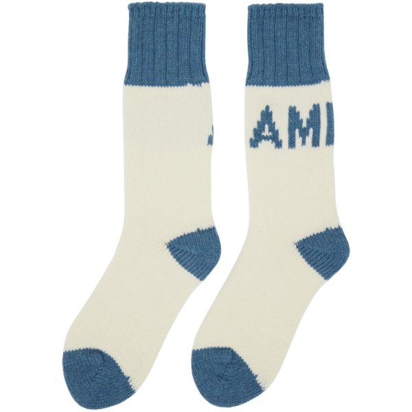  AMI Paris 오프화이트 Off-White & Blue Logo Socks 232482M220016