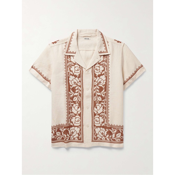  보디 BODE Rose Garland Camp-Collar Cross-Stitched Linen Shirt 1647597311226860