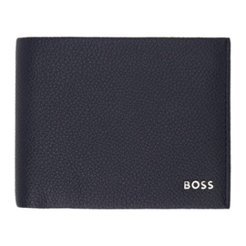 BOSS Navy Grained Leather Logo Lettering Wallet 241085M164010