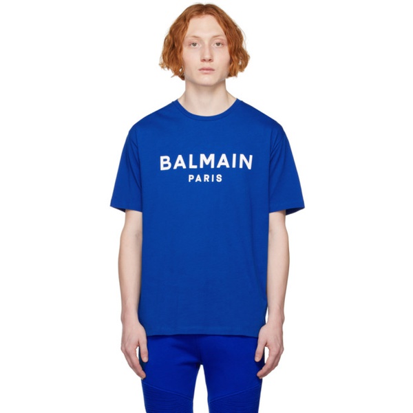 발망 발망 Balmain Blue Printed T-Shirt 231251M213004
