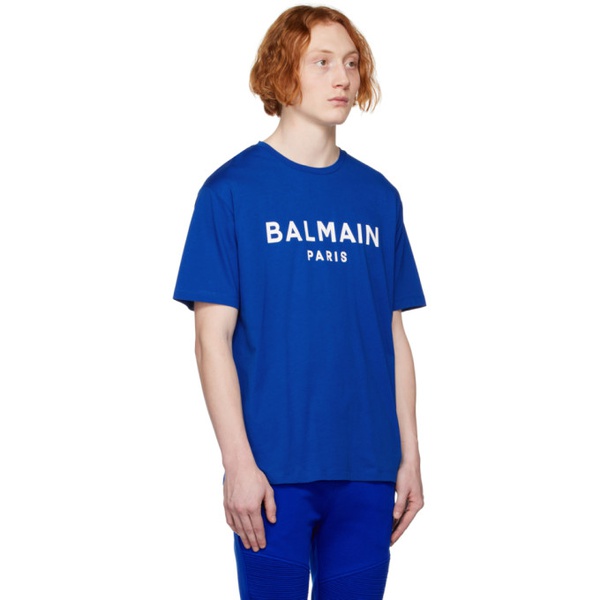 발망 발망 Balmain Blue Printed T-Shirt 231251M213004