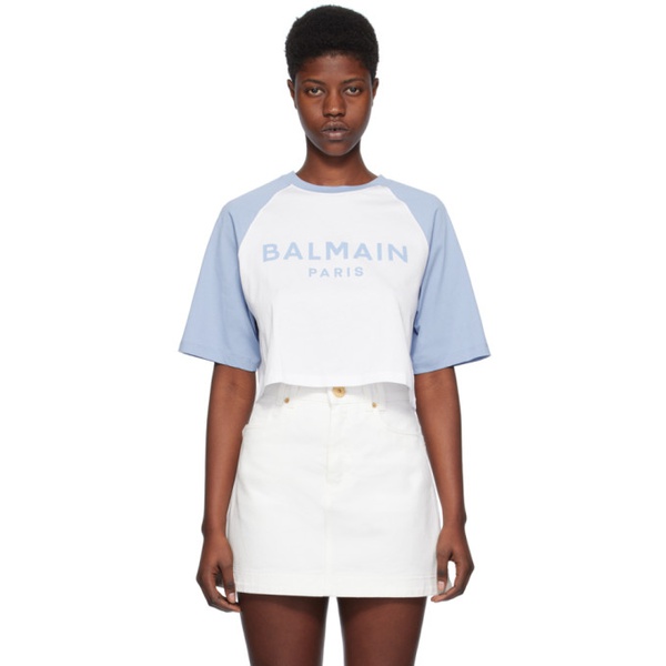 발망 발망 Balmain White & Blue Raglan Sleeve T-Shirt 241251F110005