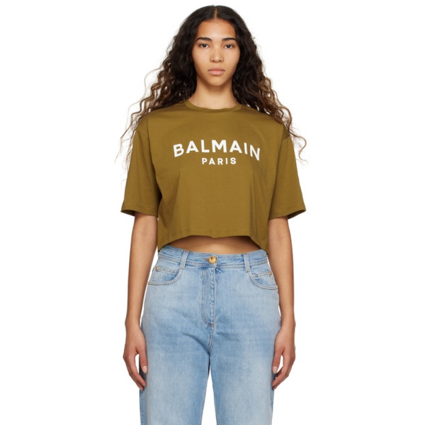발망 발망 Balmain Khaki Cropped T-Shirt 231251F110040