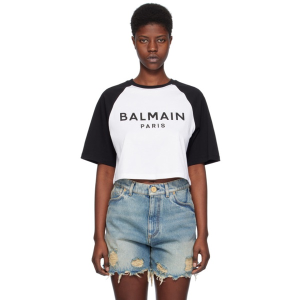 발망 발망 Balmain White & Black Raglan Sleeve T-Shirt 241251F110004