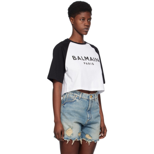 발망 발망 Balmain White & Black Raglan Sleeve T-Shirt 241251F110004