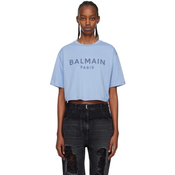 발망 발망 Balmain Blue Cropped T-Shirt 231251F110055