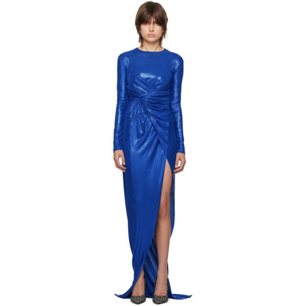 발망 발망 Balmain Blue Draped Maxi Dress 231251F055012