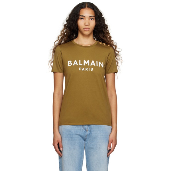 발망 발망 Balmain Khaki Printed T-Shirt 231251F110044
