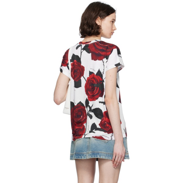 발망 발망 Balmain White & Red Rose Print T-Shirt 241251F110029