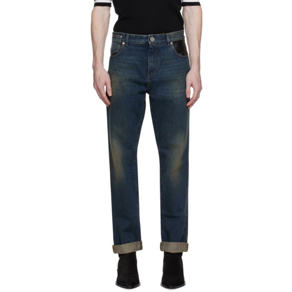 발망 발망 Balmain Blue Leather Pocket Jeans 232251M186008