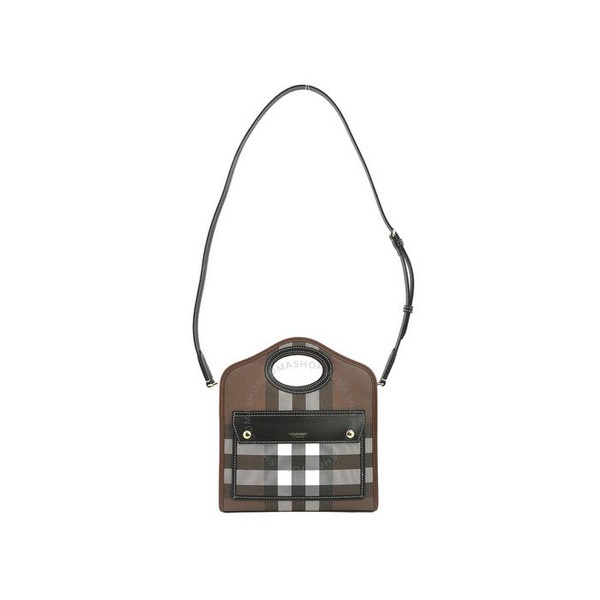 버버리 버버리 Burberry Ladies Dark Birch Brown Check Logo Print Pocket Bag 8071386