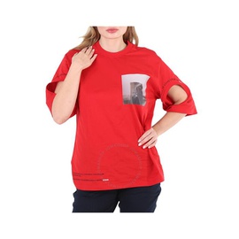 버버리 Burberry Carrick Ladies Bright Red Cut-out Detail Montage Print Oversized T-shirt 8016217
