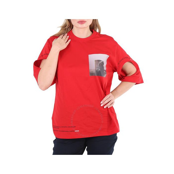버버리 버버리 Burberry Carrick Ladies Bright Red Cut-out Detail Montage Print Oversized T-shirt 8016217