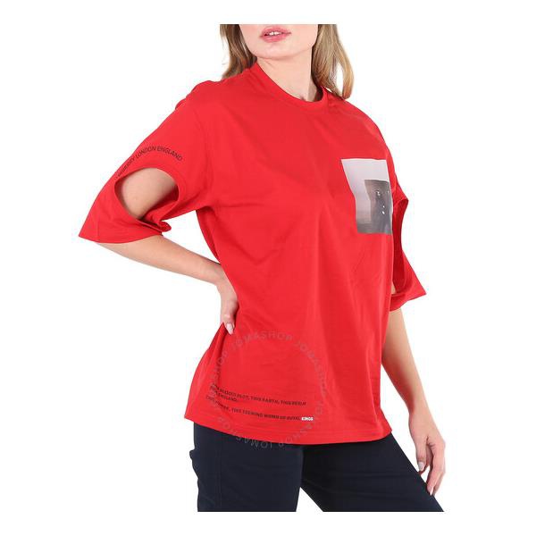 버버리 버버리 Burberry Carrick Ladies Bright Red Cut-out Detail Montage Print Oversized T-shirt 8016217