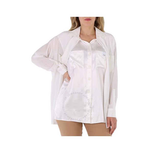 버버리 버버리 Burberry Ladies Optic White Logo Applique Silk Satin Oversized Shirt 4566904