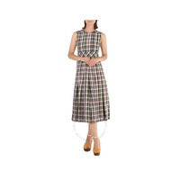 버버리 Burberry Sleeveless Pleat Detail Check Georgette Pine Green Dress 4072463