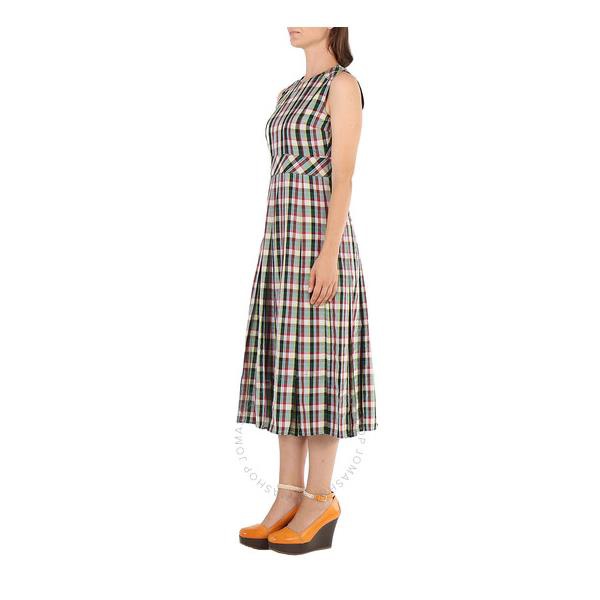 버버리 버버리 Burberry Sleeveless Pleat Detail Check Georgette Pine Green Dress 4072463