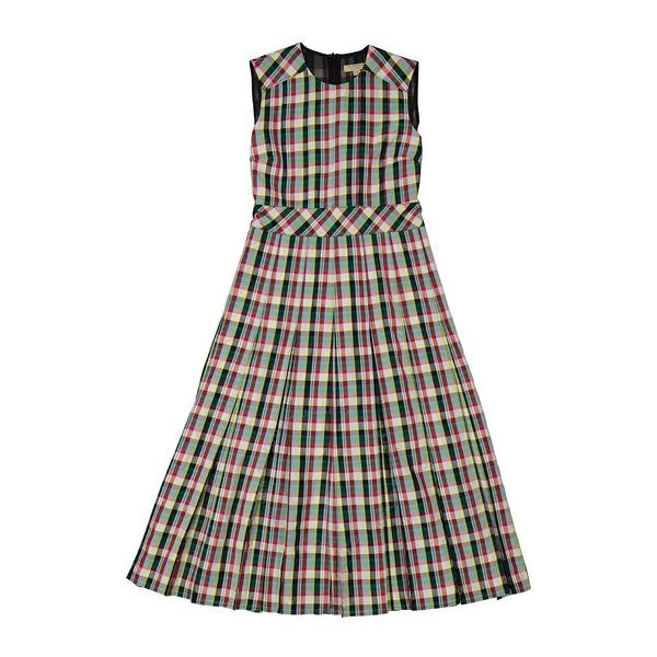 버버리 버버리 Burberry Sleeveless Pleat Detail Check Georgette Pine Green Dress 4072463