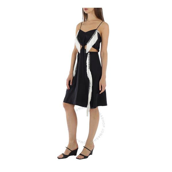 버버리 버버리 Burberry Black Silk Satin Slip Dress With Fringed Detail 8016750