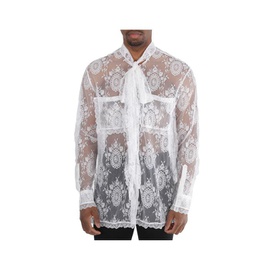 버버리 Burberry Optic White Oversized Tie-Neck Chantilly Lace Shirt 4563026