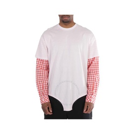 버버리 Burberry Mens Pale Pink Cut-Out Hem Gingham Sleeve Cotton Oversized T-Shirt 4563748