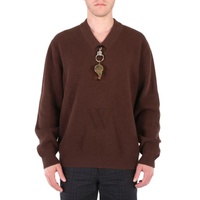 버버리 Burberry MEN'S Brown Wool V-Neck Gold-Plated Whistle Detail Rib Knit Sweater 8045474