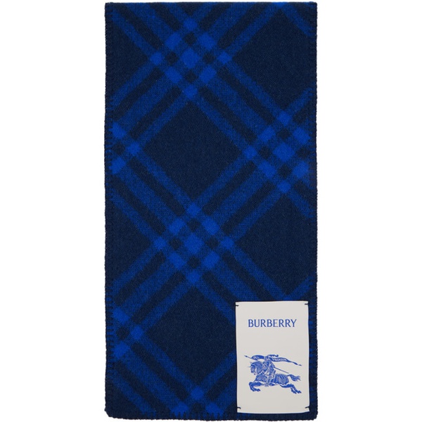 버버리 버버리 Burberry Navy & Blue Check Wool Scarf 241376M150005