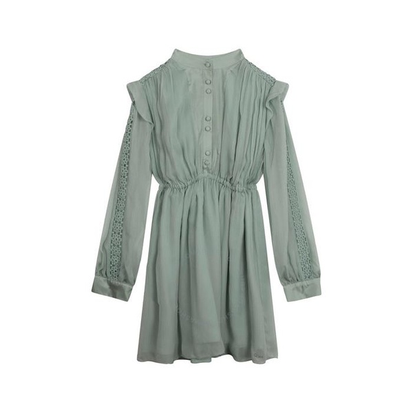 끌로에 Chloe Girls Green Lace-Trim Long Sleeve Midi Shirt Dress C12895-690