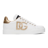 Dolce&Gabbana White & Gold Calfskin Portofino DG Logo Sneakers 241003F128004