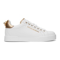 Dolce&Gabbana White & Gold Nappa Calfskin Portofino Lettering Sneakers 241003F128008