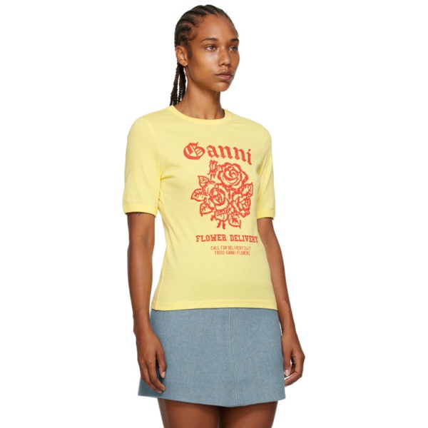  가니 GANNI Yellow Printed T-Shirt 232144F110029