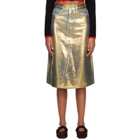 가니 GANNI Blue & Gold Foil-Coated Denim Midi Skirt 241144F092000