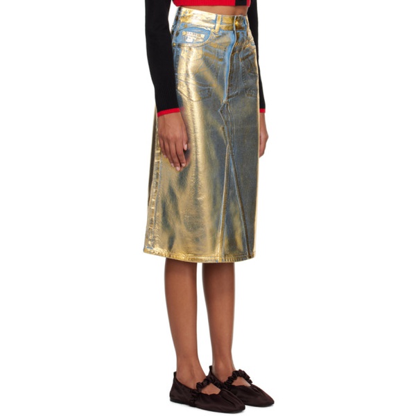  가니 GANNI Blue & Gold Foil-Coated Denim Midi Skirt 241144F092000