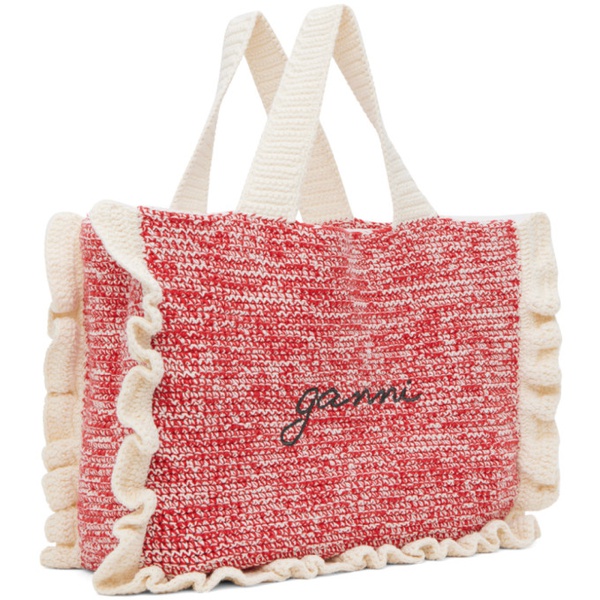  가니 GANNI Red & White Cotton Crochet Frill Tote 241144F049008