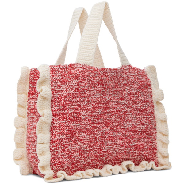  가니 GANNI Red & White Cotton Crochet Frill Tote 241144F049008