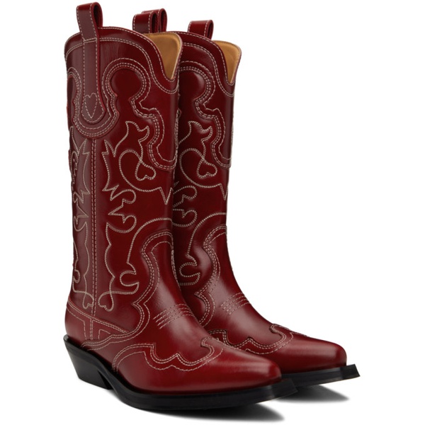  가니 GANNI Red Mid Shaft Embroidered Western Boots 241144F114005