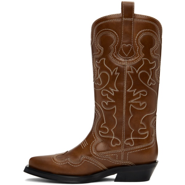  가니 GANNI Brown Mid Shaft Embroidered Western Boots 241144F114006
