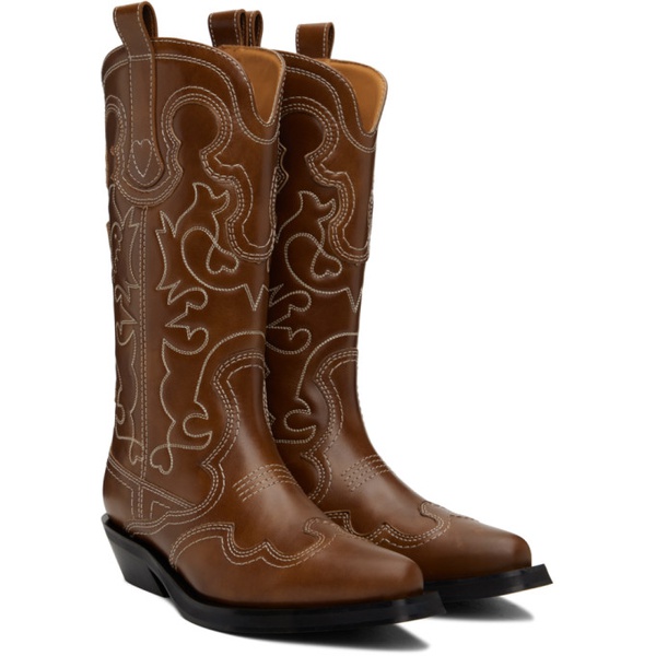  가니 GANNI Brown Mid Shaft Embroidered Western Boots 241144F114006