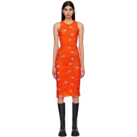 가니 GANNI Orange Printed Ruched Midi Dress 231144F054020