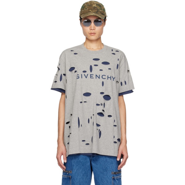 지방시 지방시 Givenchy Gray & Navy Destroyed T-Shirt 241278M213040