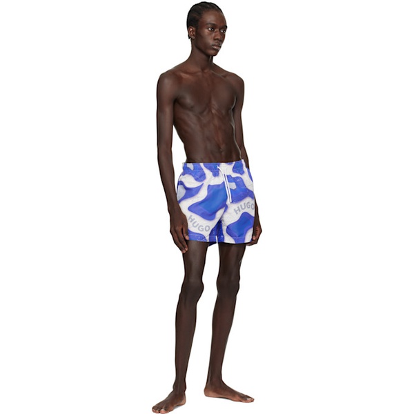  휴고 Hugo Blue & White Printed Swim Shorts 241084M208003