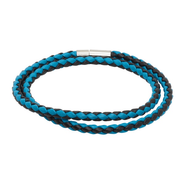  휴고 Hugo Blue & Black Double-Wrap Two-Tone Leather Bracelet 241084M142004