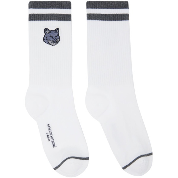 메종키츠네 Maison Kitsune White & Gray Bold Fox Head Sporty Socks 241389M220005
