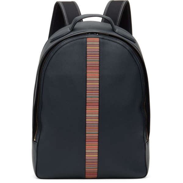  폴스미스 Paul Smith Navy Leather Signature Stripe Backpack 241260M166003