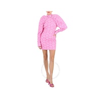 Rotate Ladies Fuchsia Pink Floral Jaquard Puff-Sleeve Dress RT2392 Fuchsia Pink