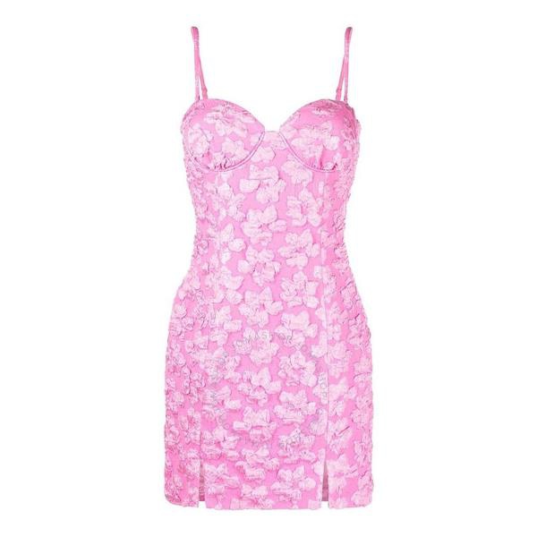  Rotate Ladies Fuchsia Pink Jacquard Flower Recycled Polyester Mini Dress RT2396 Fuchsia Pink