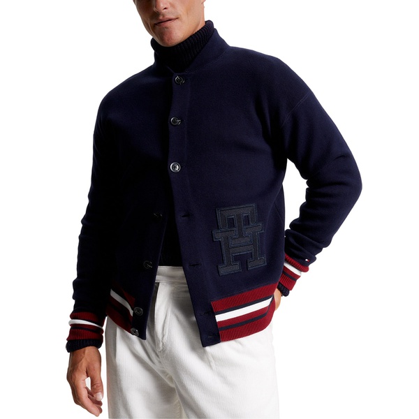 타미힐피거 Tommy Hilfiger Mens Monogram Logo Applique Knit Varsity Bomber Jacket 16652665